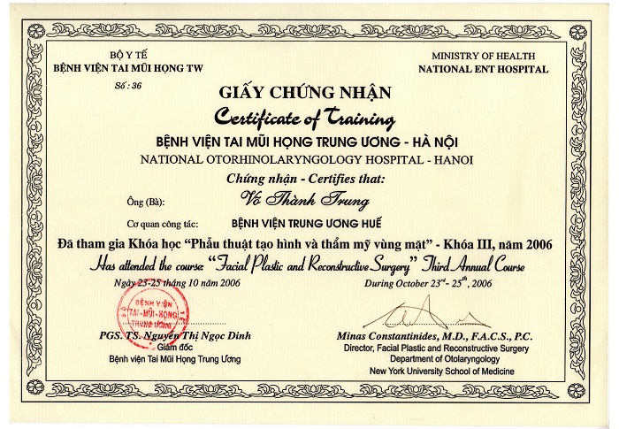 Bác sĩ Võ Thành Trung tham gia kháo học thẩm mỹ vùng mặt tại bệnh viện trung ương tai mũi họng Hà Nội